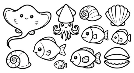 Cute Ocean Creatures Vector Set with Stingray Squid Fish and Seashell