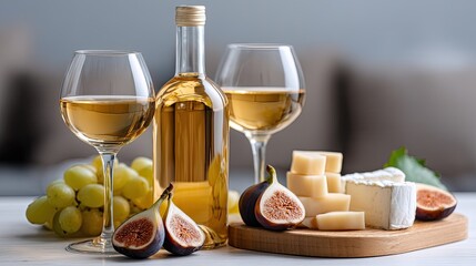 A lovely arrangement of cheese, figs, and grapes beside two glasses of white wine captures a warm and inviting atmosphere in a living room