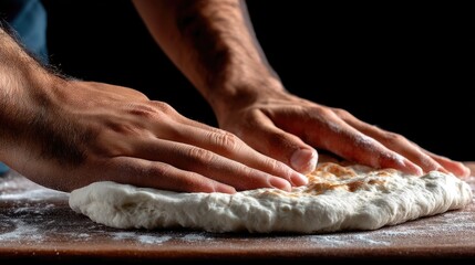 A person is kneading soft dough on a wooden table, surrounded by flour. The atmosphere feels warm and inviting, perfect for baking