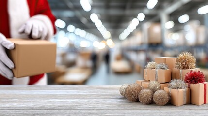 Santa is busy organizing gift boxes in a cheerful warehouse filled with decorations and holiday spirit, ready for delivery