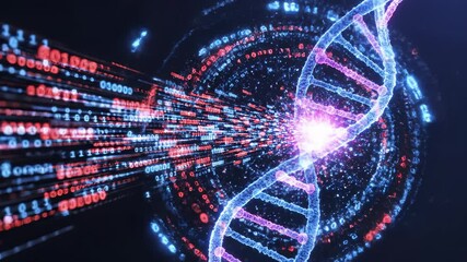 Digital Dna Helix with Binary Code Data Stream and Abstract Futuristic Glow - Powered by Adobe