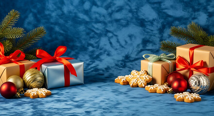 Festive scene featuring wrapped gifts cookies and ornaments arranged on a blue backdrop capturing th 76618099 1
