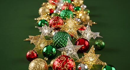 Festive vertical Christmas ornaments and stars on a green background create a luxurious holiday vibe 79684133 1