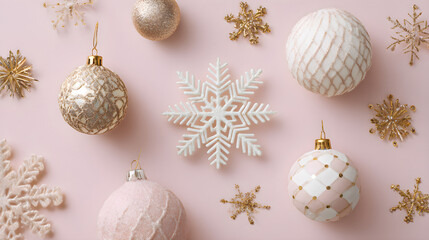 Minimal winter mood board with white and gold Christmas elements, snowflakes, ornaments on pastel pink background, airy copy space