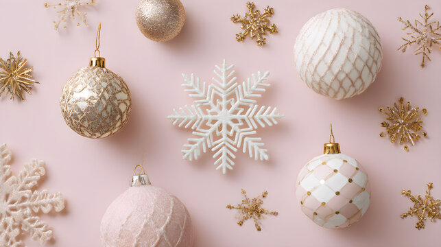 Minimal winter mood board with white and gold Christmas elements, snowflakes, ornaments on pastel pink background, airy copy space 