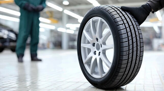 A happy man wearing gloves and overalls shows a car tire in a busy automotive service environment during daylight