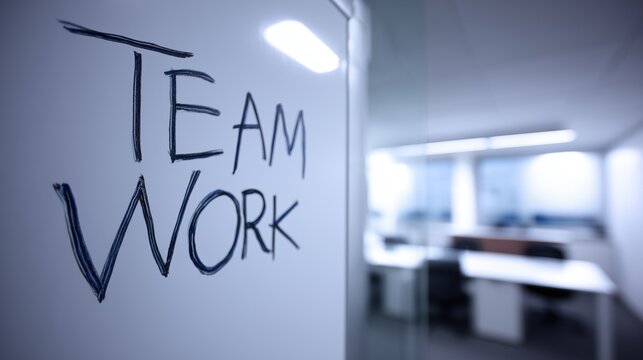 Teamwork message on whiteboard in modern office – collaboration, business motivation and corporate communication concept