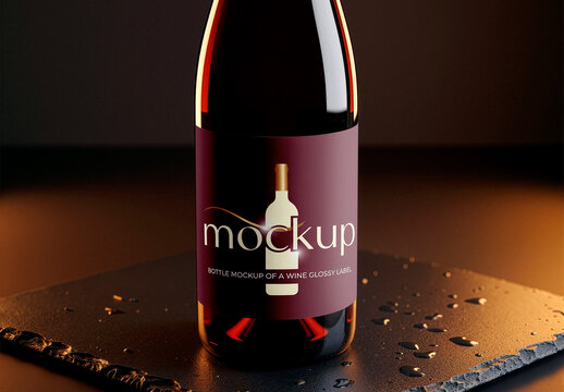 Wine Bottle Label Mockup On Wet Stone Surface