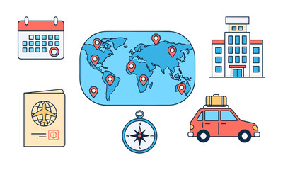 Obraz premium Travel planning objects with map pins on world map