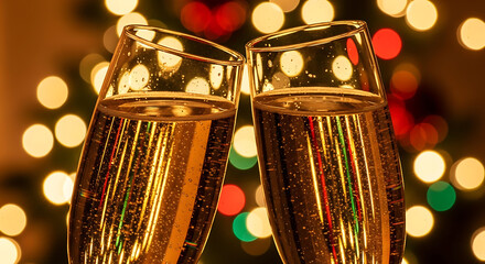 Champagne glasses celebrate festive night with sparkling bubbles and warm holiday lights backdrop 52921674 1