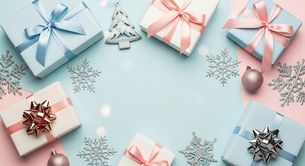 Cheers to bright New Year Top view photo beautifully presented gift boxes tied with bows fashionable 52126769 1