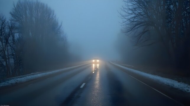 December evening roadside photo foggy atmosphere, headlights diffusing through winter fog, real reflections on wet road, natural light behavior, soft cold color palette,