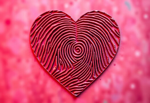 Heart symbol made from intricate fingerprint ridges, representing unique connection and identity,  health,  bond