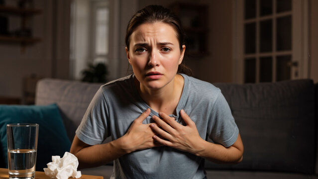 Woman having chest pain or shortness of breath at home. Medical problem and urgent health condition that requires attention.