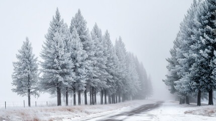 Obraz premium Snow covered trees lining a road on a foggy winter day creating a serene and peaceful landscape