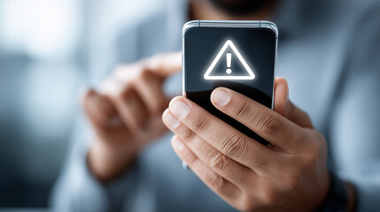 Faceless hands holding smartphone with warning, defocused ransomware alert, cybersecurity attack concept, data protection threat, digital crime visualization, hacker alert technolo