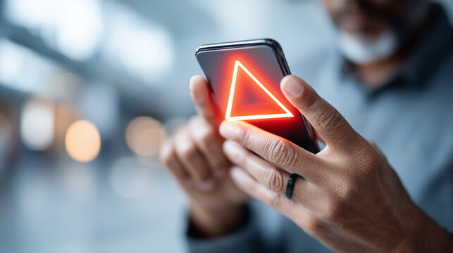 Faceless hands holding smartphone with warning, defocused ransomware alert, cybersecurity attack concept, data protection threat, digital crime visualization, hacker alert technolo - Powered by Adobe