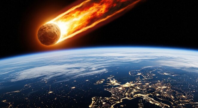 Fiery meteoroid with burning tail approaches earth from space at night