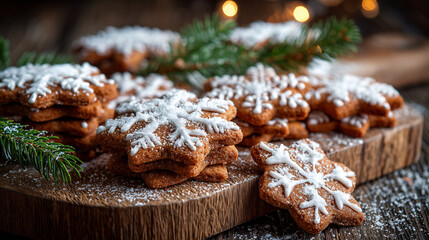 Snowflake gingerbread cookies stacked on a wooden board with christmas tree branch and bokeh lights