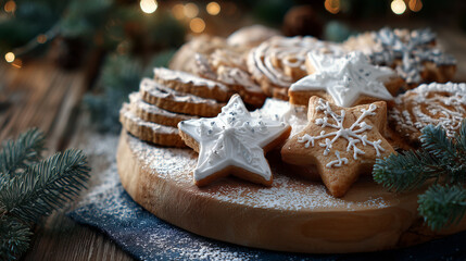 Festive christmas cookies on a wooden board with powdered sugar and christmas tree branch decor