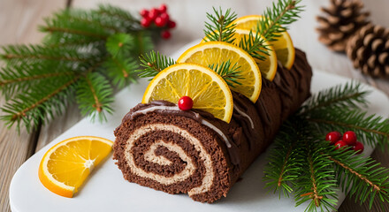 Chocolate Christmas Log Cake with Orange Slices and Evergreen Sprigs for Holiday Celebration 26102346 1