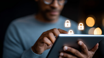 Faceless young person using tablet, defocused glowing warning icons, cybersecurity threats concept, data protection technology, digital safety awareness, online security education,