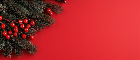 A pine tree branch with golden and red ornaments rests against a rich red wall, creating a festive and cheerful holiday atmosphere