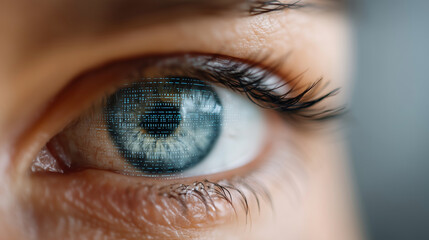 Human eye closeup on tech background, defocused digital data pattern, cyber security concept, hacker detection technology, network monitoring system, security surveillance visualiz