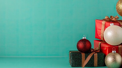 Colorful wrapped gifts with ribbons sit on a surface, surrounded by shiny ornaments and bright lights for a festive vibe