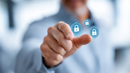 Faceless hand holding digital security icons, defocused protection elements, data safety concept, cybersecurity technology visualization, information defense system, network protec