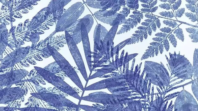 A detailed pattern of various blue leaves and ferns on a light background, showcasing natural textures and designs.