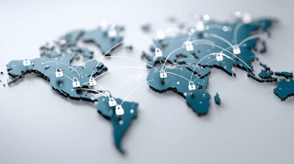 Digital world map with security locks, defocused global connections, cybersecurity concept, international data protection, worldwide safety visualization, network security technolo