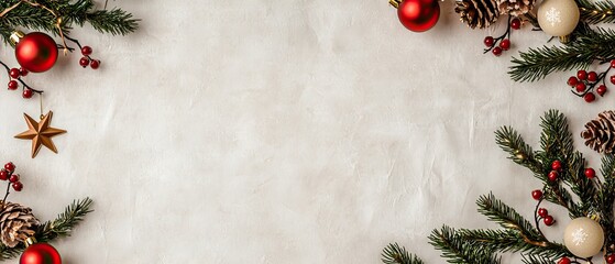 Colorful holiday ornaments and pine branches arranged on a bright background, creating a cheerful festive scene for the season