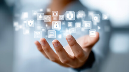 Faceless hand holding digital security icons, defocused protection elements, data safety concept, cybersecurity technology visualization, information defense system, network protec