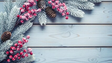 Festive Winter Holiday Background Border Featuring Snow Dusted Evergreen Pine Branches Bright Red Frosted Berries and Natural Pine Cones Resting on Rustic Pale Blue Wooden Planks Creating a