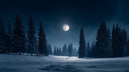 Snowy landscape with tall evergreen trees under a full moon in a dark blue night sky scene