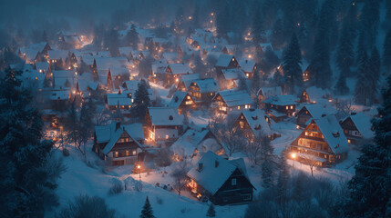 Aerial view of a snow covered village at night with lights illuminating the houses and trees around
