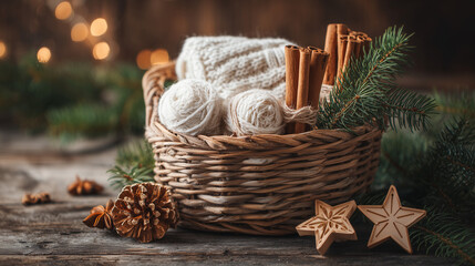 A wicker basket filled with yarn cinnamon sticks and a folded sweater on a wooden surface with decor
