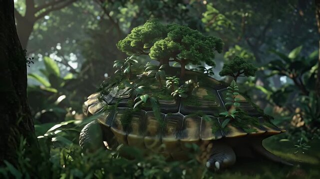 Giant armored forest dwelling turtle creature wandering through sun dappled mossy woods