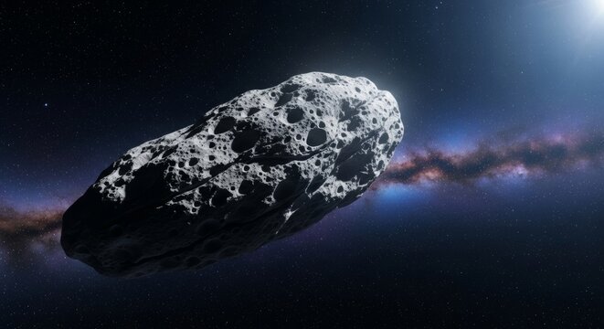 Massive cratered asteroid in deep space with distant galaxy and sunlight