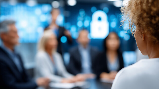 Faceless expert presenting to team, defocused cybersecurity display, data protection risks concept, professional training session, security education meeting, threat awareness pres