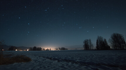 Starry night sky over a snow covered field with distant lights and silhouetted trees on the horizon