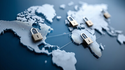 Digital world map with security locks, defocused global connections, cybersecurity concept, international data protection, worldwide safety visualization, network security technolo