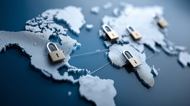 Digital world map with security locks, defocused global connections, cybersecurity concept, international data protection, worldwide safety visualization, network security technolo - Powered by Adobe