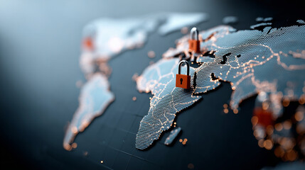 Digital world map with security locks, defocused global connections, cybersecurity concept, international data protection, worldwide safety visualization, network security technolo