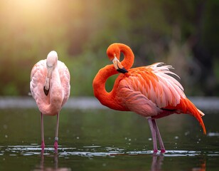 Two flamingos wading in shallow water. One is pink, the other is orange, bathed in sunlight
