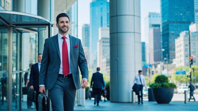 Businessman walking near modern office building. Happy man leaving work in city business district. Corporate professional going to meeting.