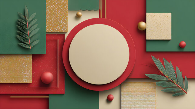Modern color-block Christmas layout with red, green and gold geometric forms around empty center 