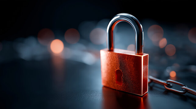 Cyber defense padlock in network center, defocused glowing connections, security system concept, futuristic technology visualization, data protection infrastructure, information sa