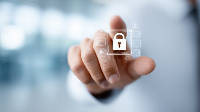 Faceless hand holding digital security icons, defocused protection elements, data safety concept, cybersecurity technology visualization, information defense system, network protec